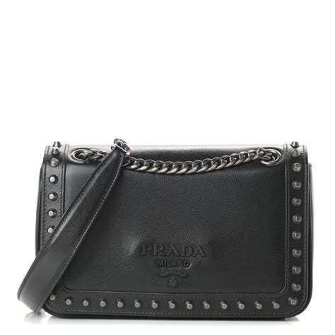 Prada Soft Calf Studded Crossbody Bag, Black 